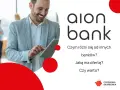 Uśmiechnięty mężczyzna korzysta z tabletu. Logo Aion Bank i pytania o ofertę banku.