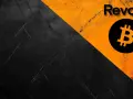 Revolut i symbol Bitcoin na tle podzielonym na czarno-pomarańczowe. Czy to zapowiedź darmowych kryptowalut Revolut?