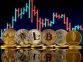 Monety kryptowalut (Bitcoin, Ethereum, Litecoin, Ripple, Dash, Monero) na tle wykresu giełdowego. Polska giełda kryptowalut w pigułce.