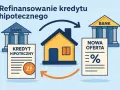 Ilustracja pokazuje proces refinansowania kredytu hipotecznego. Dom symbolizuje właściciela, który przenosi swój obecny kredyt hipoteczny do banku z nową, korzystniejszą ofertą.