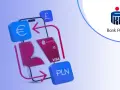 Jak wpłacić euro na konto walutowe PKO? Grafika pokazuje telefon, kartę PKO Visa, symbole euro, funta i PLN, sugerując łatwe transakcje walutowe.