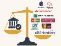 Waga symbolizująca wybór najlepszych kont bankowych, z logotypami banków po prawej stronie.