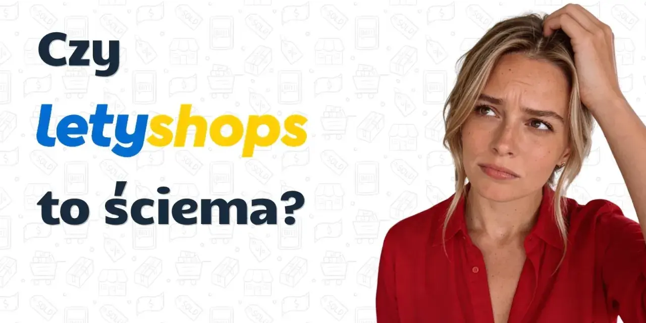 Kobieta zamyślona, drapiąca się po głowie, nad napisem "Czy letyshops to ściema?". Tło pełne ikon zakupowych.