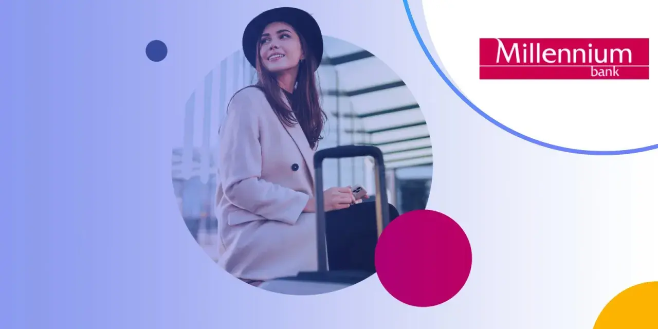 Kobieta z walizką, gotowa na podróż, korzysta z karty visa global. Logo Millennium bank.