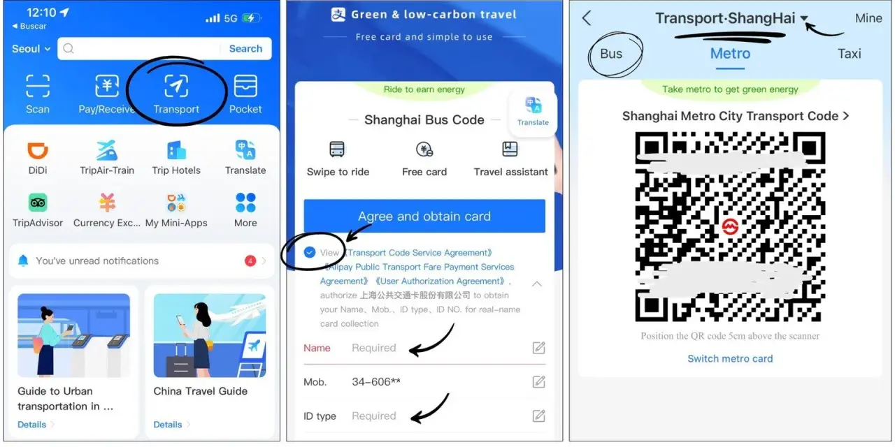 Aplikacja Alipay pokazuje, jak uzyskać kod transportowy do metra w Szanghaju.