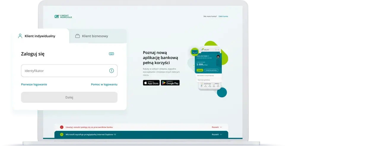 Ekran logowania do bankowości internetowej Crédit Agricole. Aplikacja mobilna oferuje korzyści, rabaty i oszczędności. Dostępna na App Store i Google Play.