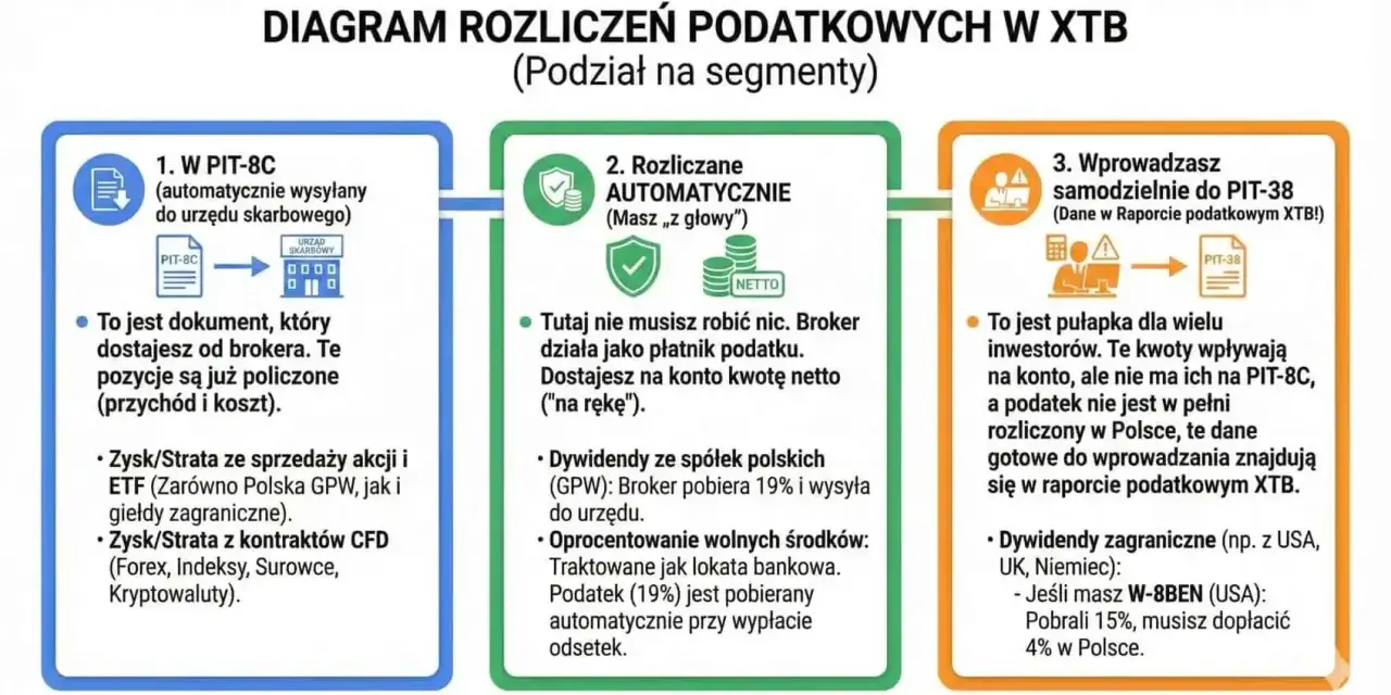 Diagram rozliczeń podatkowych w XTB: 1. PIT-8C od brokera, 2. Rozliczenia automatyczne (dywidendy, odsetki), 3. Samodzielne rozliczenie PIT-38 (pułapka dla inwestorów). Jak inwestować? Sprawdź!