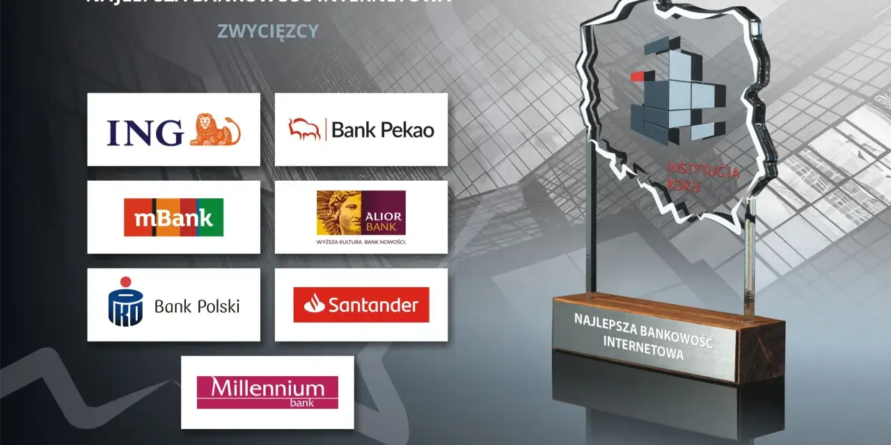Nagroda dla najlepszej bankowości internetowej, z logotypami banków: ING, mBank, Bank Polski, Bank Pekao, Alior Bank, Santander, Millennium.