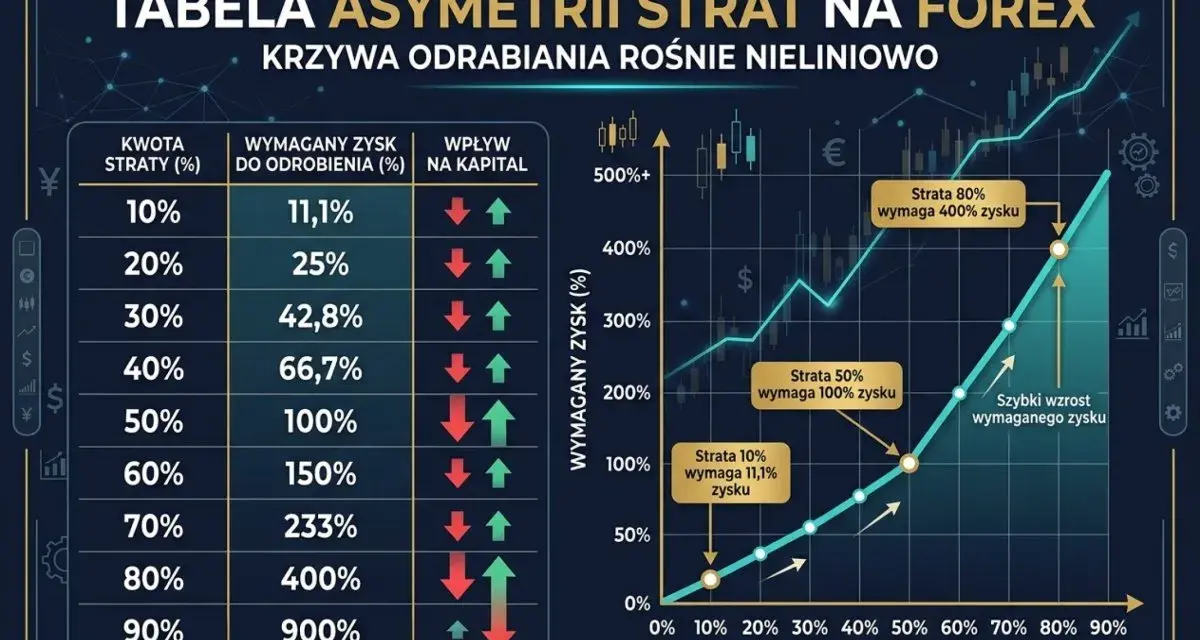 Tabela asymetrii strat na forex. Pokazuje, jak rośnie wymagany zysk do odrobienia strat, ilustrując nieliniowy charakter krzywej odrabiania.