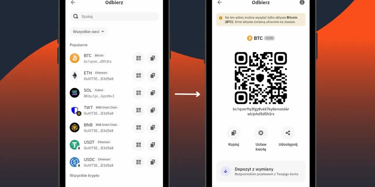 Jak założyć portfel krypto? Wybierz kryptowalutę (np. Bitcoin), a następnie skopiuj adres odbioru lub zeskanuj kod QR, aby otrzymać środki.