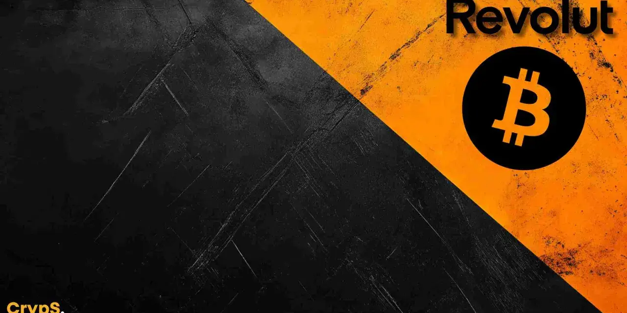 Revolut i symbol Bitcoin na tle podzielonym na czarno-pomarańczowe. Czy to zapowiedź darmowych kryptowalut Revolut?