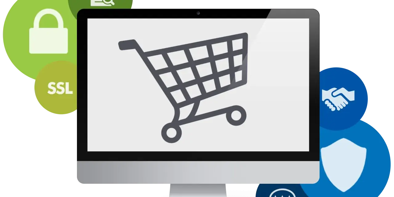 Komputer z ikonami symbolizującymi bezpieczeństwo (kłódka, tarcza, SSL) i zaufanie (dłoń, oceny) uczy, jak bezpiecznie kupować w internecie.
