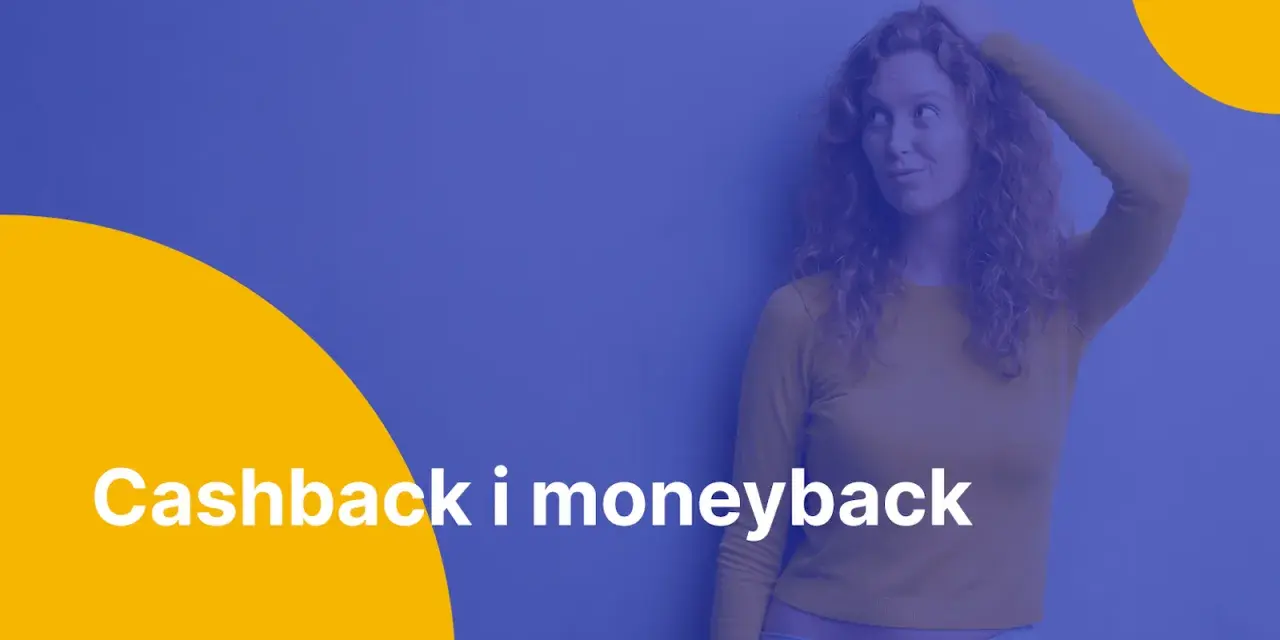 Kobieta zastanawia się nad korzyściami z programu myworld cashback. Napis "Cashback i moneyback" na żółtym tle.