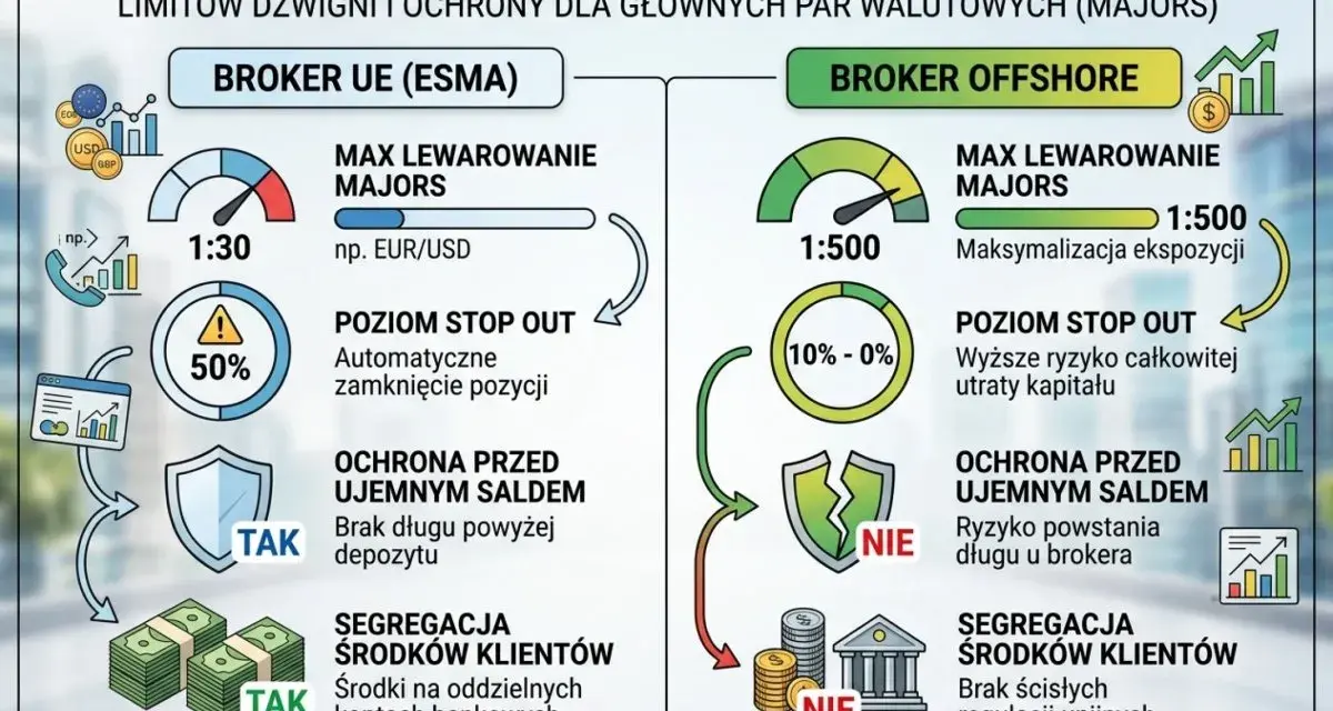 Porównanie brokera UE (ESMA) i brokera offshore. Broker offshore oferuje wyższą dźwignię, ale większe ryzyko.