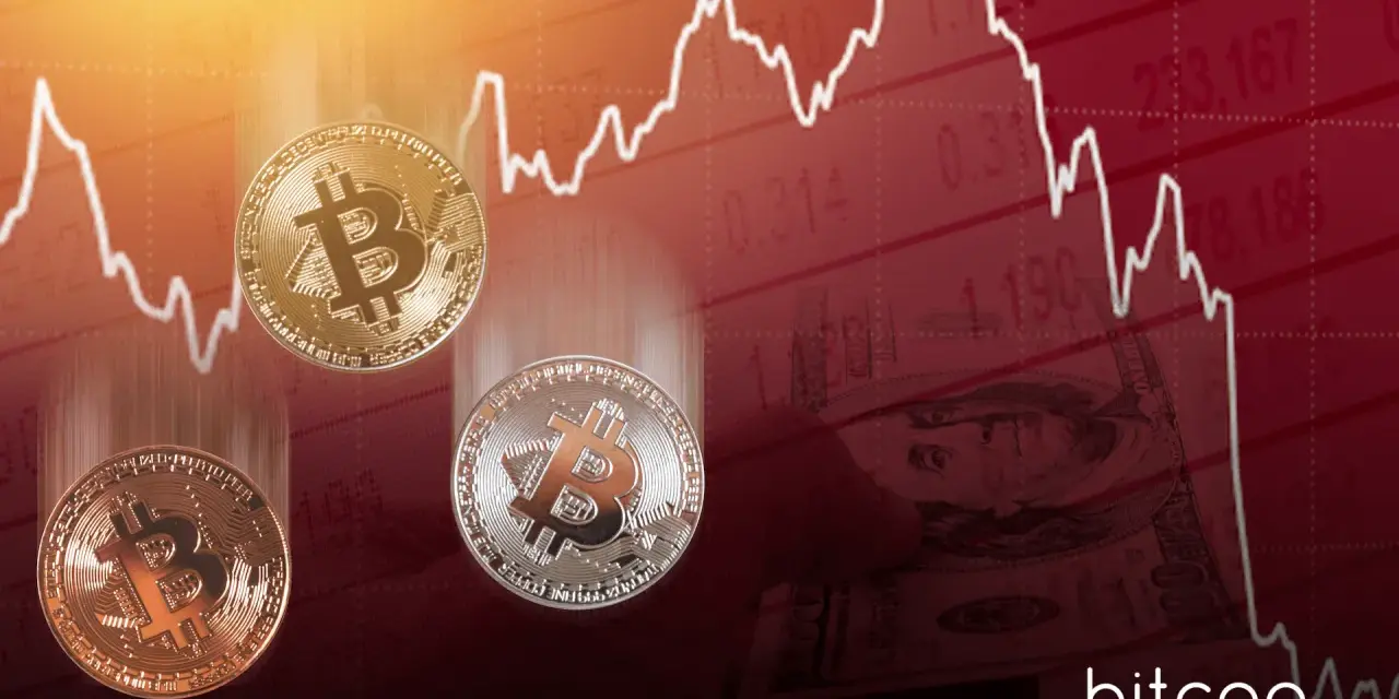 Trzy monety bitcoin spadają na tle wykresu cen i banknotu dolarowego. Granie na spadki bitcoina może być ryzykowne.