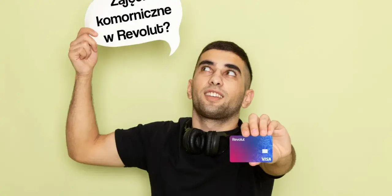 Mężczyzna trzyma kartę Revolut i chmurkę z napisem "Zajęcie komornicze w Revolut?".