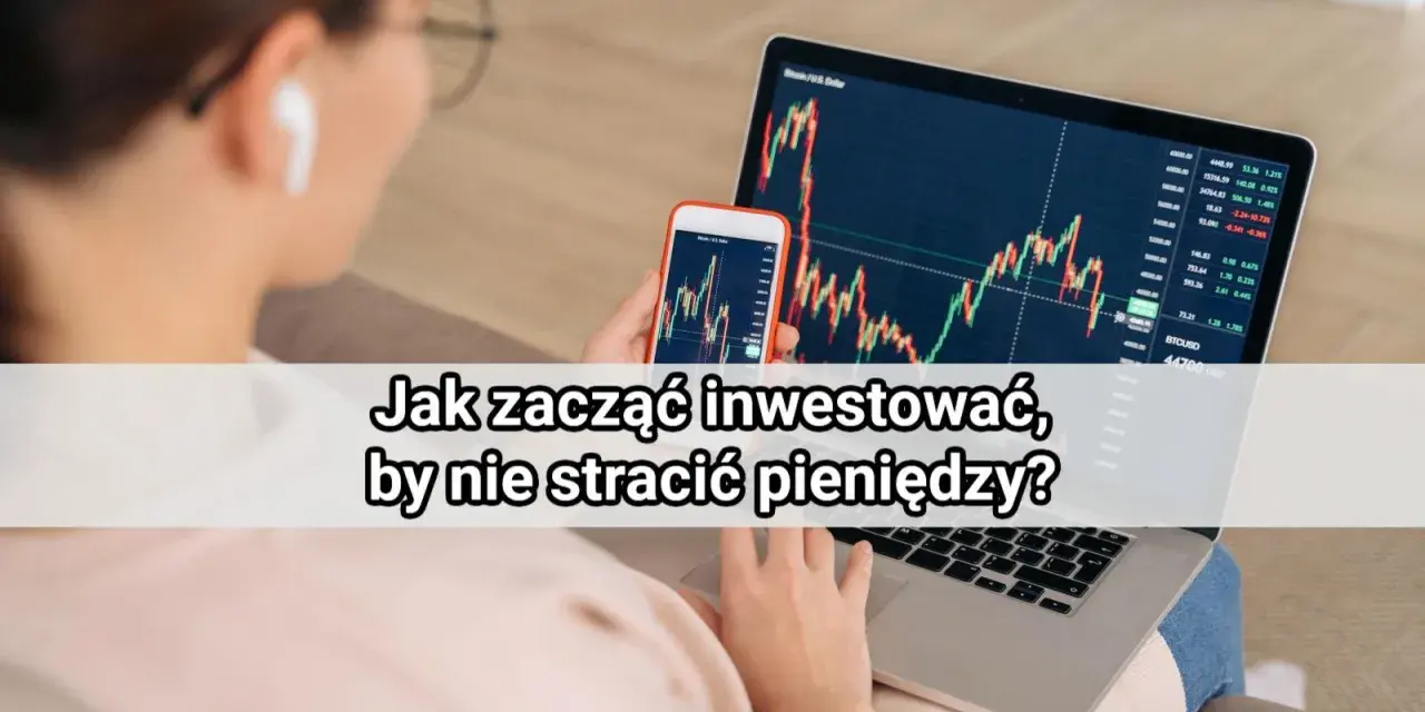 Kobieta analizuje wykresy na laptopie i telefonie, ucząc się inwestowania pieniędzy dla początkujących.