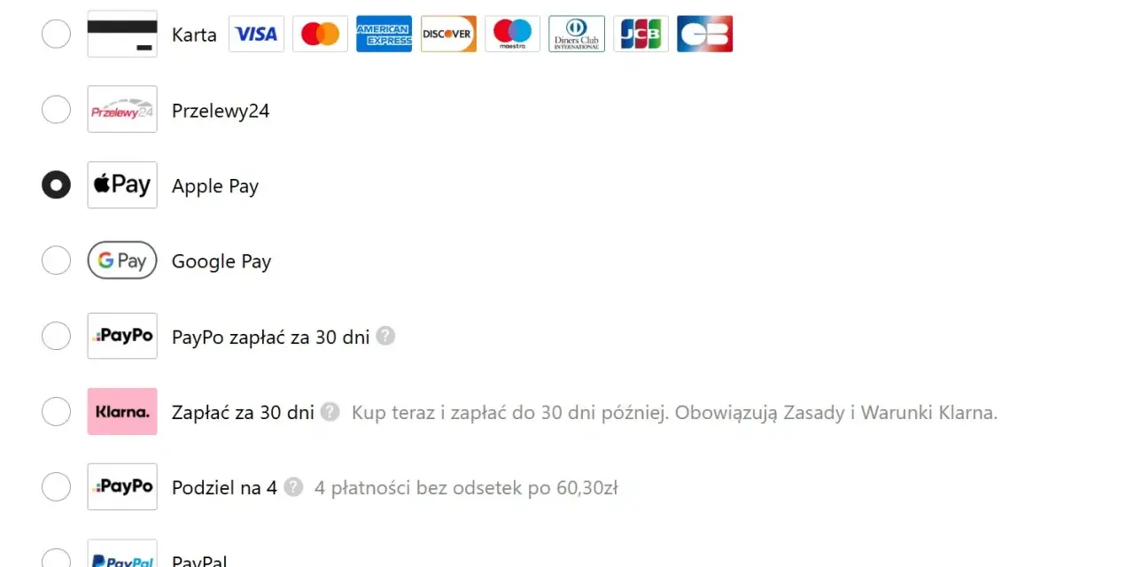 Dostawa za pobraniem, czyli płatność przy odbiorze, jest dostępna. Inne opcje to Blik, karty, Przelewy24, Apple Pay, Google Pay, PayPo i PayPal.