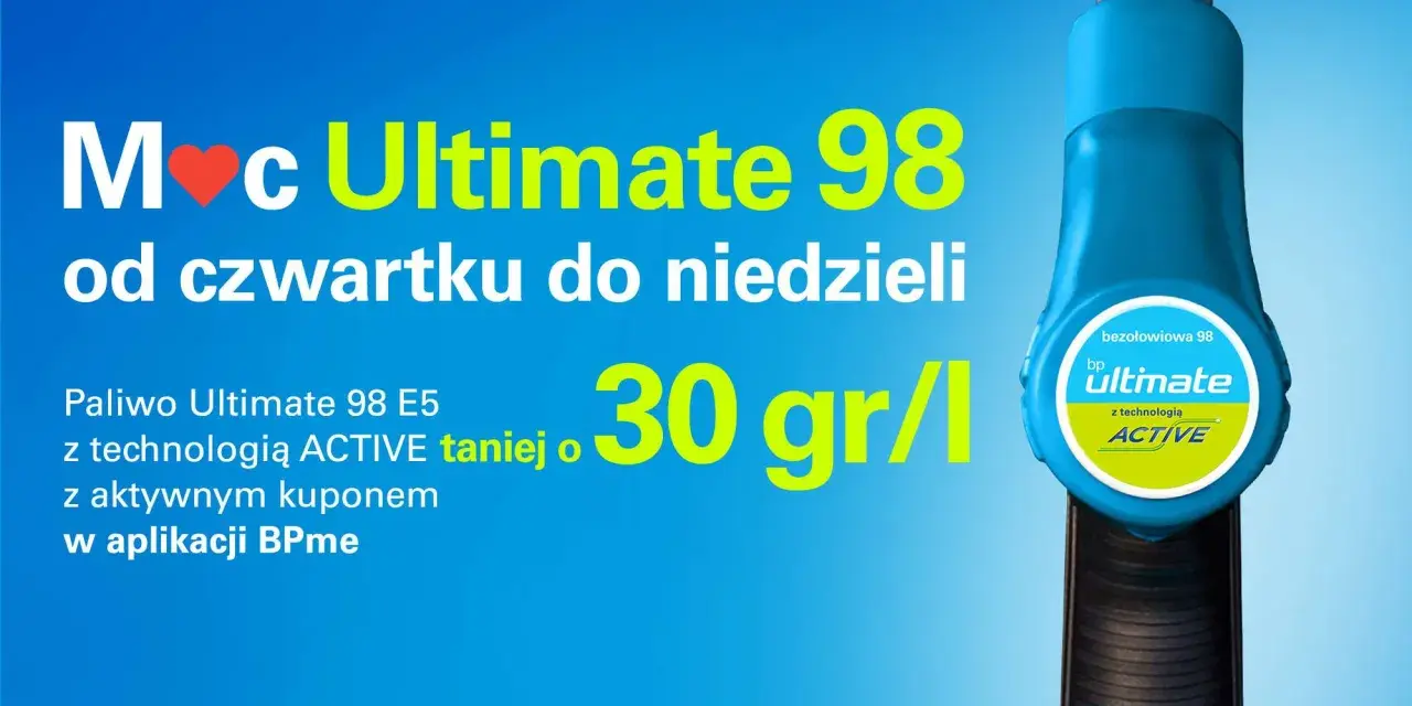 BP Ultimate promocja czwartek: paliwo Ultimate 98 E5 z technologią ACTIVE taniej o 30 gr/l z kuponem w aplikacji BPme.