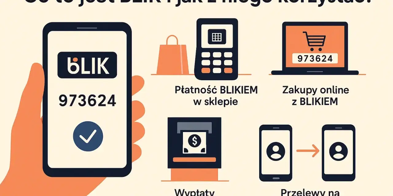 Grafika ilustruje, jak używać BLIKA: płatności w sklepie, zakupy online, wypłaty z bankomatu i przelewy na telefon. BLIK zbliżeniowy to szybka opcja.