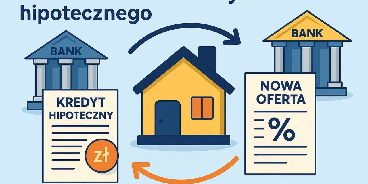 Ilustracja pokazuje proces refinansowania kredytu hipotecznego. Dom symbolizuje właściciela, który przenosi swój obecny kredyt hipoteczny do banku z nową, korzystniejszą ofertą.