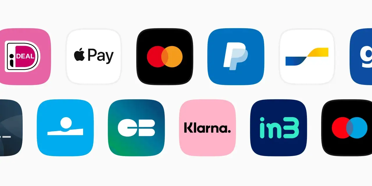 Ikony popularnych usług płatniczych i e-wallet: Apple Pay, PayPal, Klarna, Google Pay, Mastercard. To cyfrowe rozwiązania dla wygodnych transakcji.