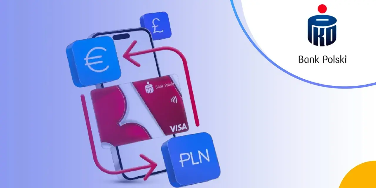 Jak wpłacić euro na konto walutowe PKO? Grafika pokazuje telefon, kartę PKO Visa, symbole euro, funta i PLN, sugerując łatwe transakcje walutowe.