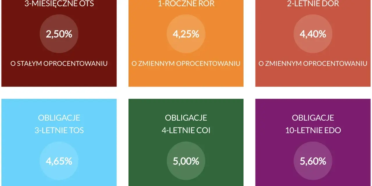 Sześć rodzajów obligacji: 3-miesięczne OTS (2,50%), 1-roczne ROR (4,25%), 2-letnie DOR (4,40%), 3-letnie TOS (4,65%), 4-letnie COI (5,00%) i 10-letnie EDO (5,60%). Rachunek rejestrowy.