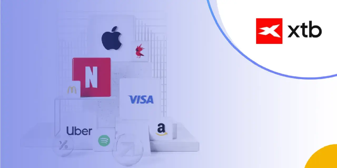 Logo XTB obok ikon znanych marek: Apple, Netflix, McDonald's, Visa, Uber, Spotify, Amazon. Sprawdź XTB opłaty.