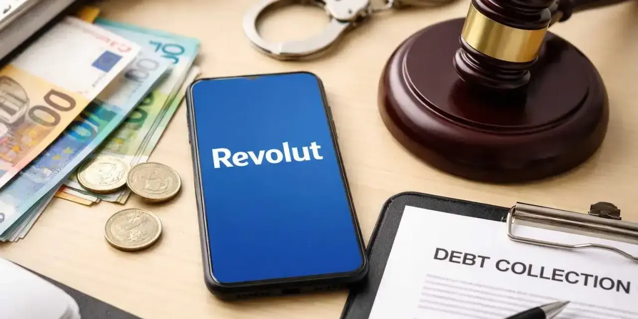 Telefon z logo Revolut, banknoty, monety, kajdanki i dokument "Debt Collection" sugerują problemy z długami i interwencję komornika.