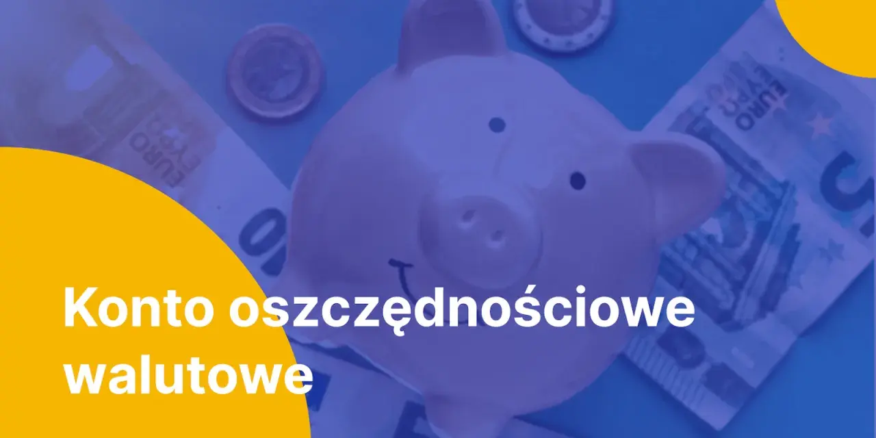 Różowa świnka-skarbonka otoczona banknotami euro i monetami. Napis: "Konto oszczędnościowe walutowe".