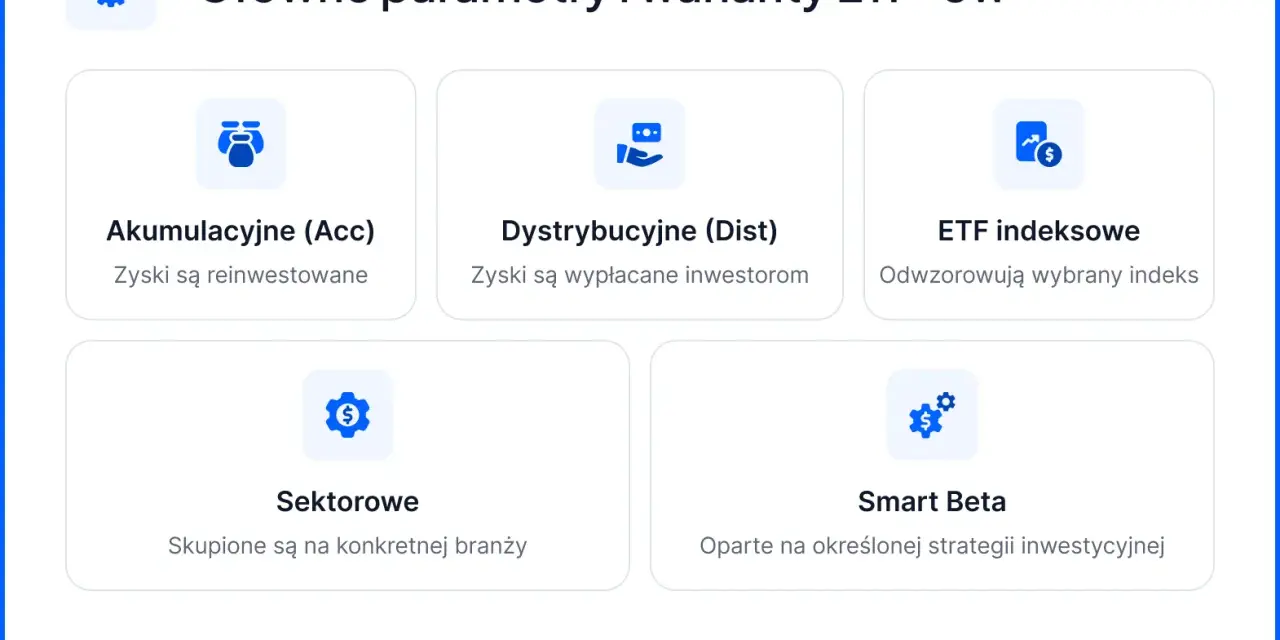 Akumulacyjny ETF (Acc) to wariant, gdzie zyski są reinwestowane, zwiększając kapitał. Pozostałe opcje to dystrybucyjne, indeksowe, sektorowe i Smart Beta.