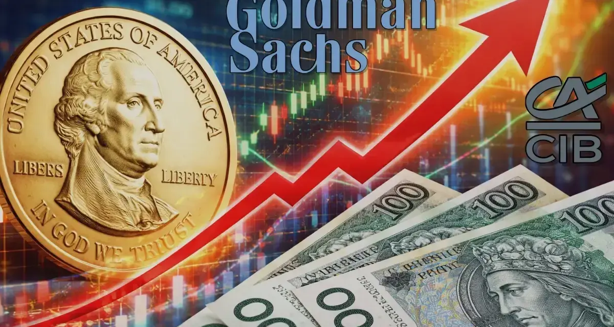 Złoty vs dolar: czy warto kupować dolary? Goldman Sachs analizuje rynek. W tle wykresy giełdowe i moneta z USA.
