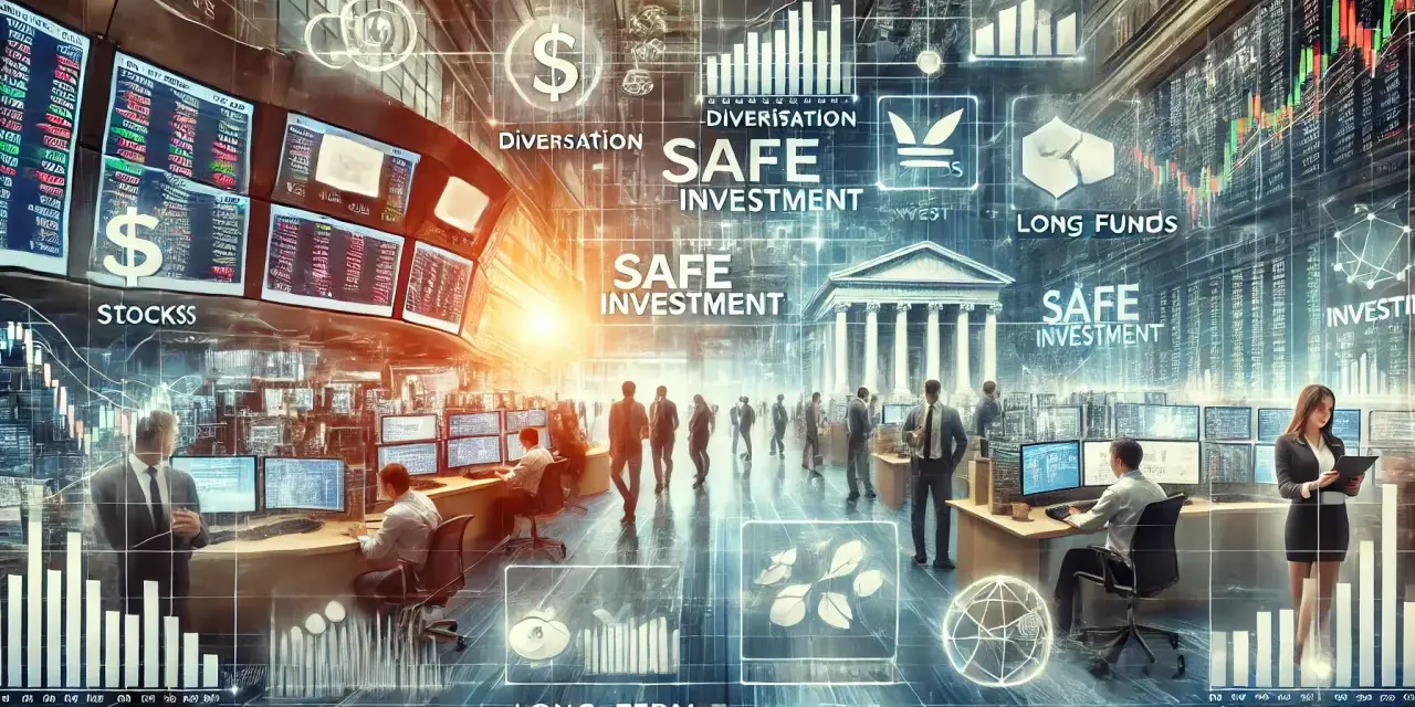 Wielowymiarowa wizja finansów: ludzie pracują przy monitorach, wykresy, symbole dolara i hasła "Safe Investment" tworzą obraz dziesiątka finanse.