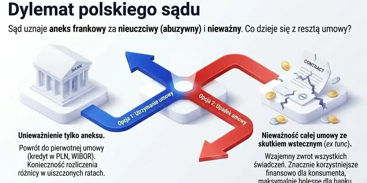 Dylemat kredytów frankowych: sąd unieważnia aneks, co dalej z umową? Dwie opcje: utrzymanie lub upadek umowy.