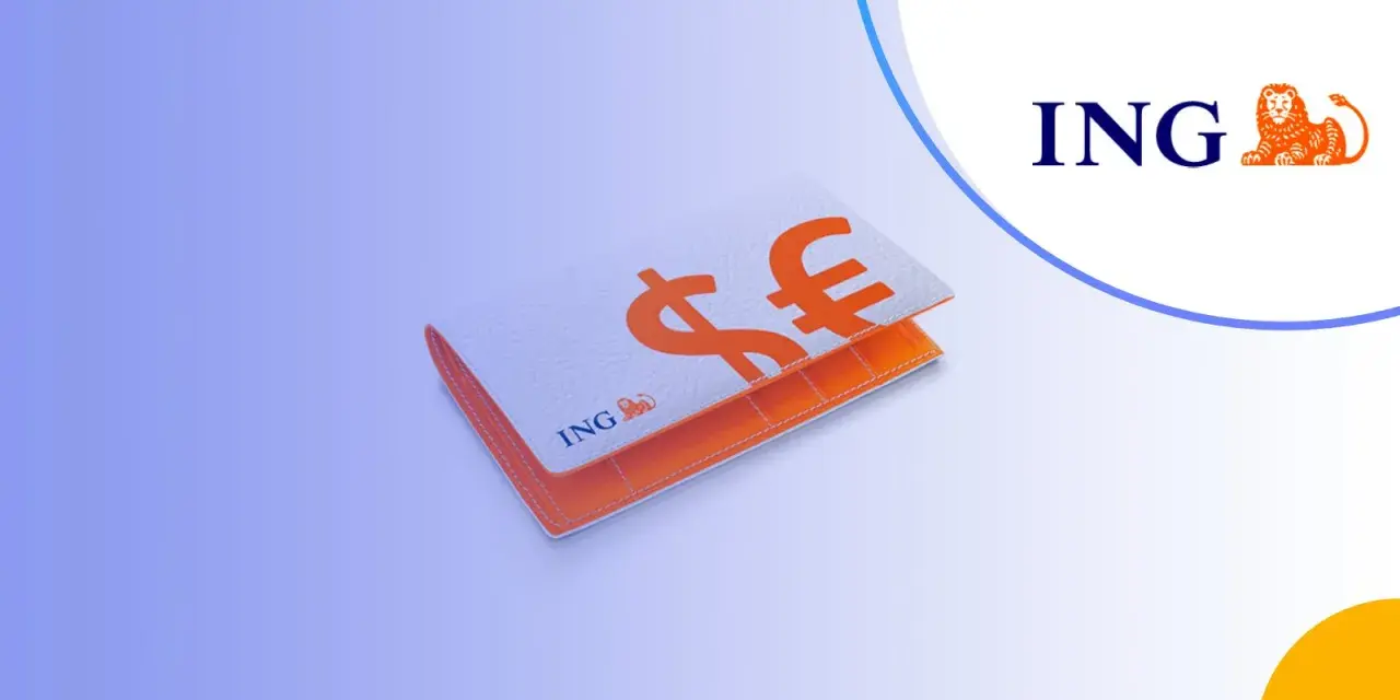 Portfel z symbolami dolara i euro, logo ING. Sprawdź opłaty za konto walutowe.