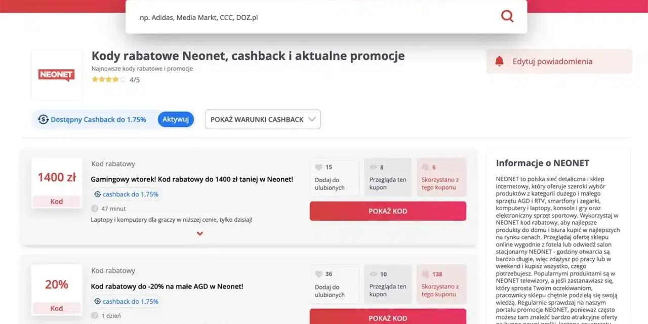 Kody rabatowe Neonet, cashback do 1.75%. Czy alerabat jest bezpieczny? Tak, oferuje promocje na elektronikę i AGD.