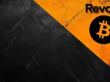 Revolut i symbol Bitcoin na tle podzielonym na czarno-pomarańczowe. Czy to zapowiedź darmowych kryptowalut Revolut?