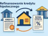 Ilustracja pokazuje proces refinansowania kredytu hipotecznego. Dom symbolizuje właściciela, który przenosi swój obecny kredyt hipoteczny do banku z nową, korzystniejszą ofertą.