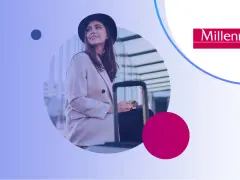 Kobieta z walizką, gotowa na podróż, korzysta z karty visa global. Logo Millennium bank.