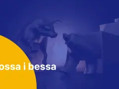 Byk i niedźwiedź, symbole hossy i bessy, naprzeciwko siebie na tle wykresów.