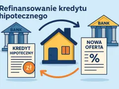 Ilustracja pokazuje proces refinansowania kredytu hipotecznego. Dom symbolizuje właściciela, który przenosi swój obecny kredyt hipoteczny do banku z nową, korzystniejszą ofertą.
