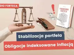 Audiobook "Finansowa forteca" i portfel symbolizują stabilizację portfela i obligacje indeksowane inflacją.