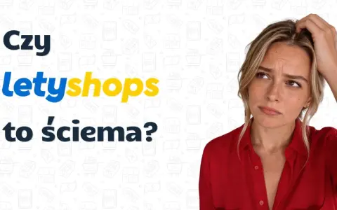 Kobieta zamyślona, drapiąca się po głowie, nad napisem "Czy letyshops to ściema?". Tło pełne ikon zakupowych.