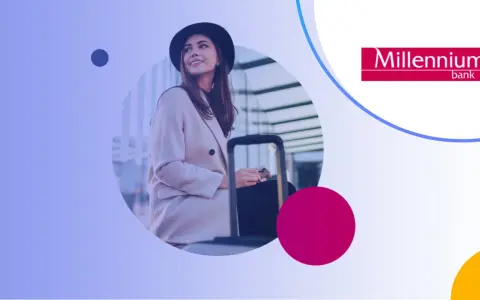 Kobieta z walizką, gotowa na podróż, korzysta z karty visa global. Logo Millennium bank.