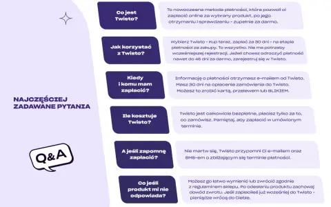 Najczęściej zadawane pytania o Twisto: jak działa, kiedy zapłacić, czy jest darmowe. Sprawdź listę sklepów akceptujących Twisto.