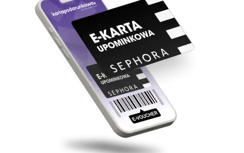 E-karta podarunkowa Sephora na telefonie. Idealny pomysł na prezent, który można wykorzystać na zakupy w drogerii.