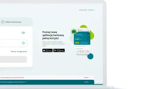 Ekran logowania do bankowości internetowej Crédit Agricole. Aplikacja mobilna oferuje korzyści, rabaty i oszczędności. Dostępna na App Store i Google Play.