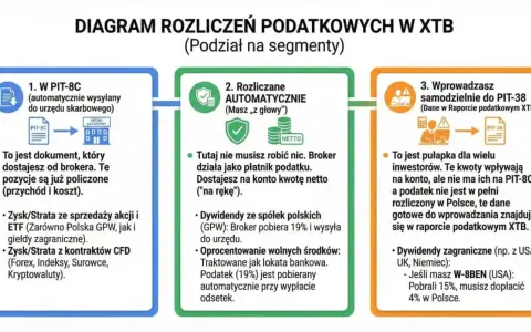 Diagram rozliczeń podatkowych w XTB: 1. PIT-8C od brokera, 2. Rozliczenia automatyczne (dywidendy, odsetki), 3. Samodzielne rozliczenie PIT-38 (pułapka dla inwestorów). Jak inwestować? Sprawdź!