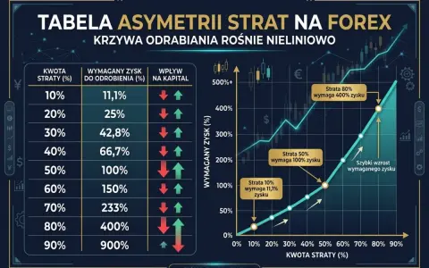 Tabela asymetrii strat na forex. Pokazuje, jak rośnie wymagany zysk do odrobienia strat, ilustrując nieliniowy charakter krzywej odrabiania.